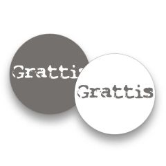 Etikett rund vit/gråbrun matt Grattis